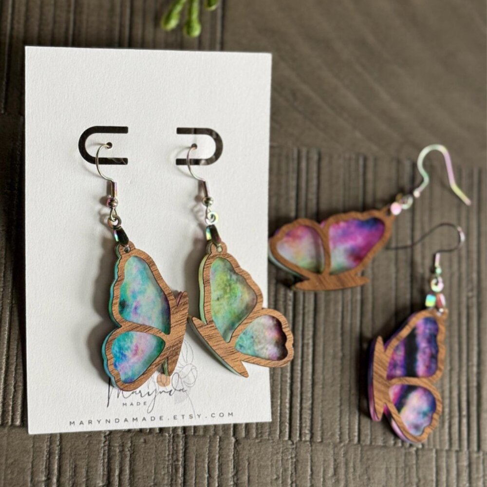 Layered Butterfly Earrings - Wood and Acrylic Earrings - Rainbow Hooks Surgical
